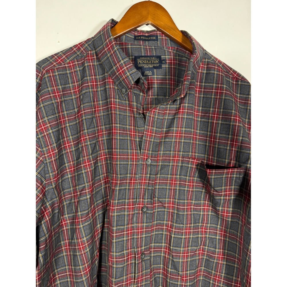 Sir Pendleton Mens XL Plaid Wool Button Down Shirt Grey Red Long Sleeve